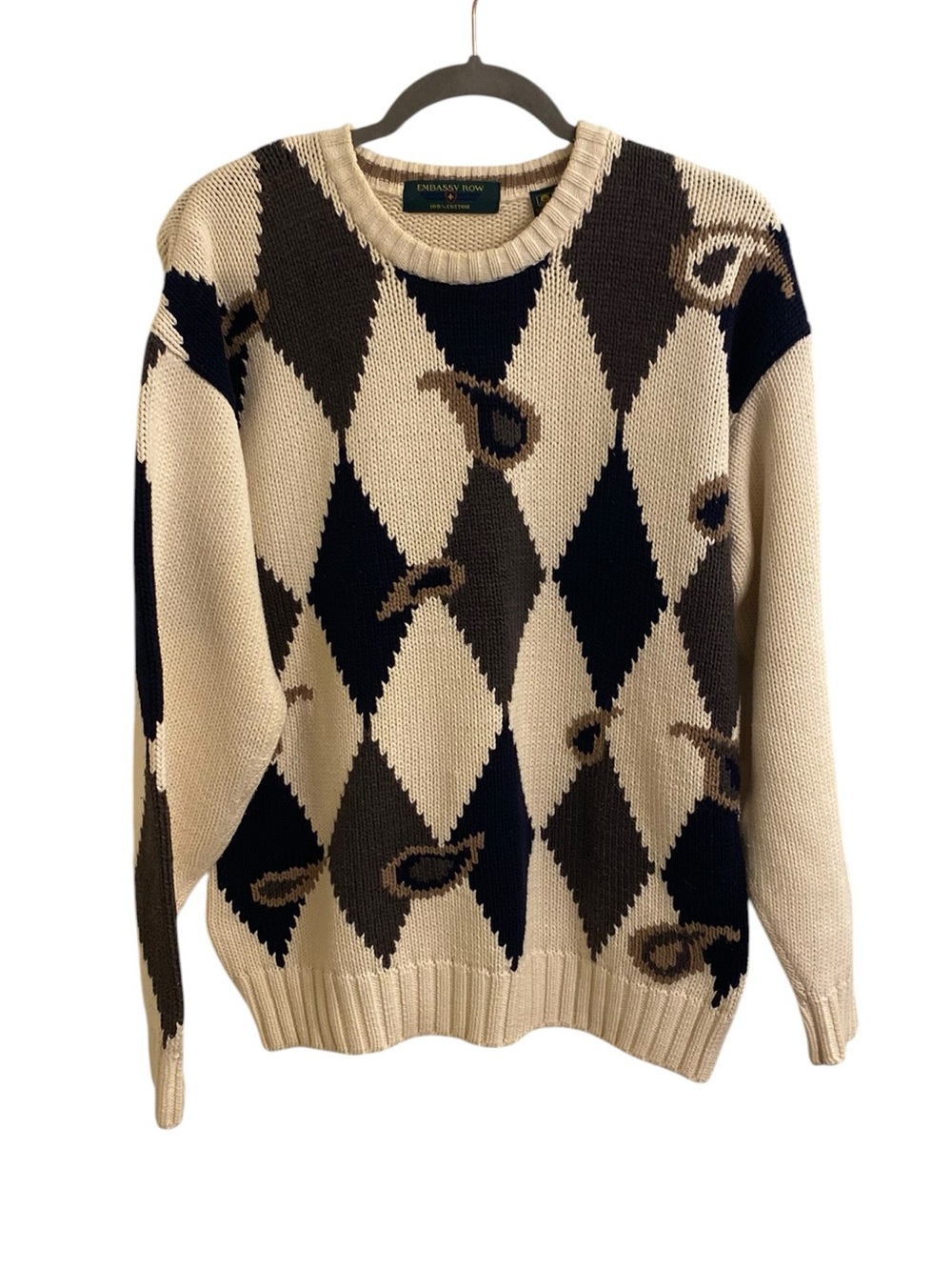 90’s Y2K EMBASSY ROW COTTON ARGYLE PAISLEY CHUNKY KNIT SWEATER MENS SMALL COZY